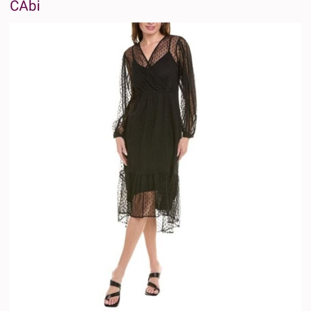 CAbi BLACK polka dot mesh lace overlay THEATER Dress long sheer sleeve high low